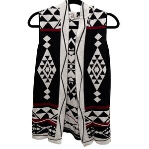 Hippie Rose Womens Hooded Sweater Vest Black White Red Tribal Geometric Small